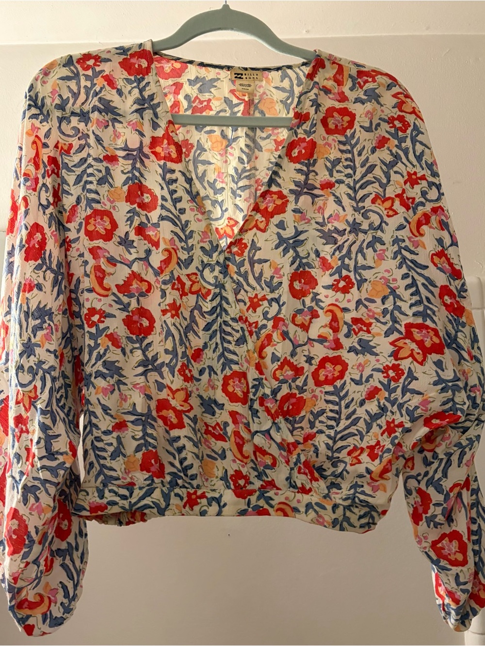 Billabong Red and Blue Floral V-Neck Blouse